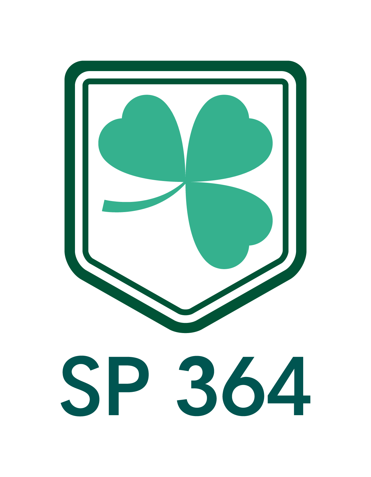 Logo szkoły podstawowej. Przedstawia trójlistną koniczynę umieszczoną na środku zielonego herbu. Pod spodem skrót nazwy szkoły - SP 364